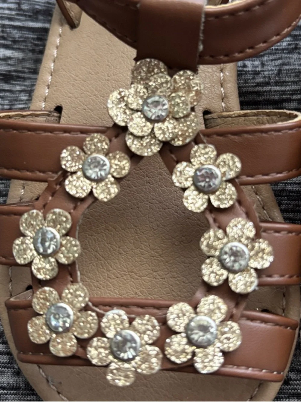 Girls Brown Floral Gem-Accent Sandals with Ankle Strap